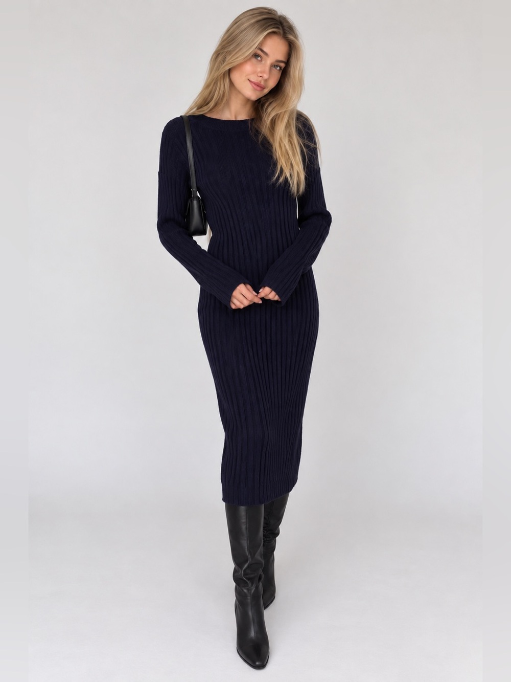 BP. Navy Ribbed Turtleneck Long Sleeve Knit Midi Dress Size S
